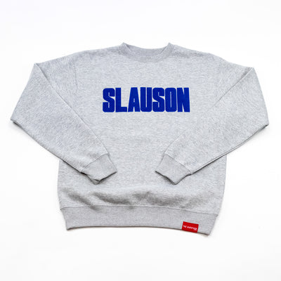 Slauson Block Print Crewneck Sweatshirt - Heather Grey / Royal - Front