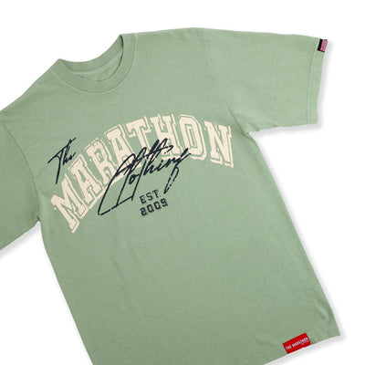 The Marathon Clothing Arch & Script T-Shirt - Sage - Front Detail