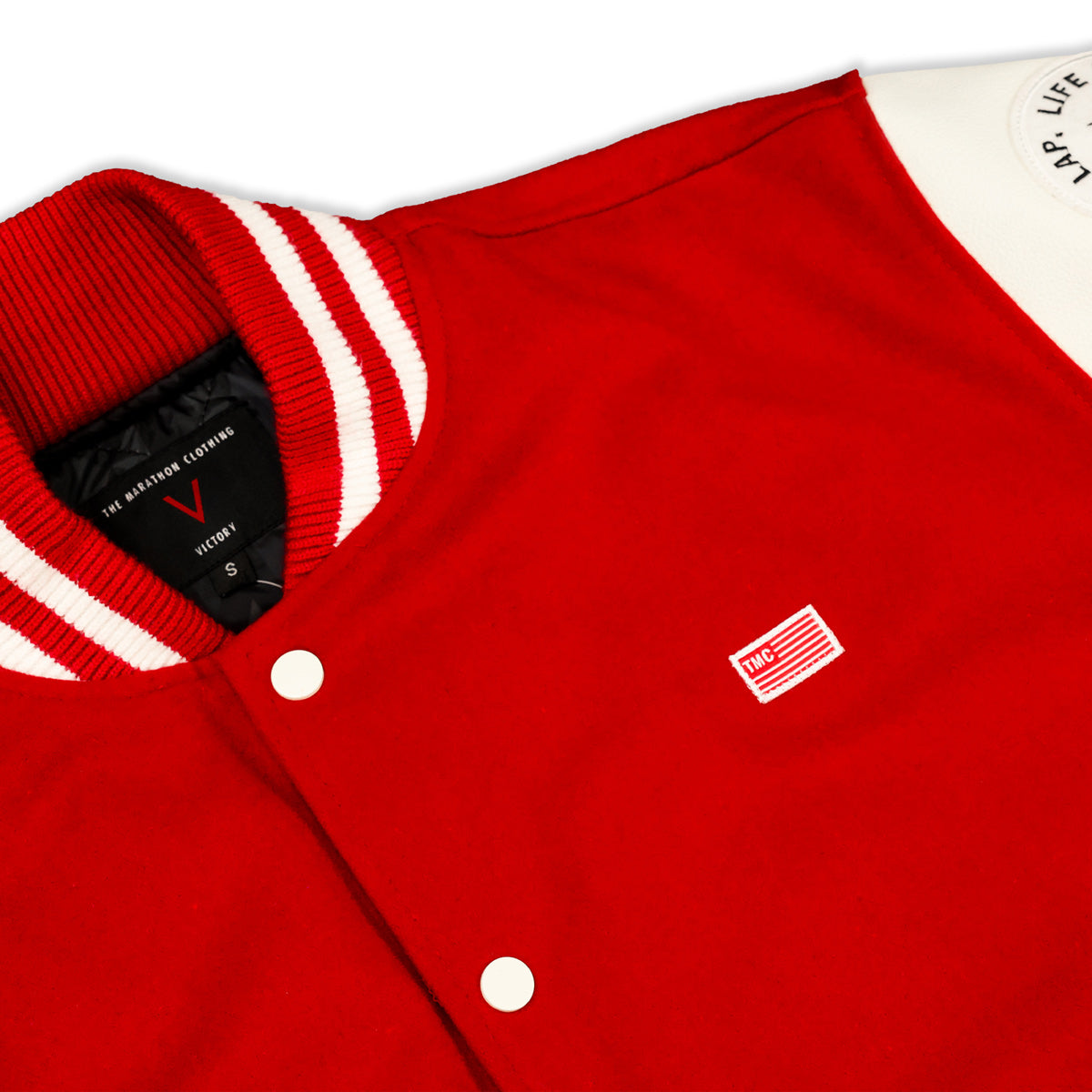 The Marathon Clothing - Crenshaw Letterman Jacket - Red - Chest Detail