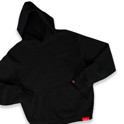 Marathon 3D Embroidered Stacked Script Hoodie - Black/Black - Detail 1