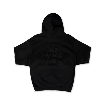 Marathon 3D Embroidered Stacked Script Hoodie - Black/Black - Back