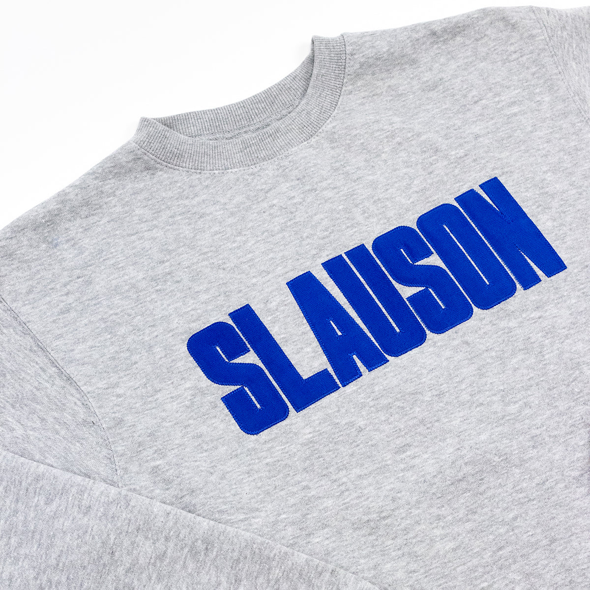 Slauson Block Print Crewneck Sweatshirt - Heather Grey / Royal - Chest Detail
