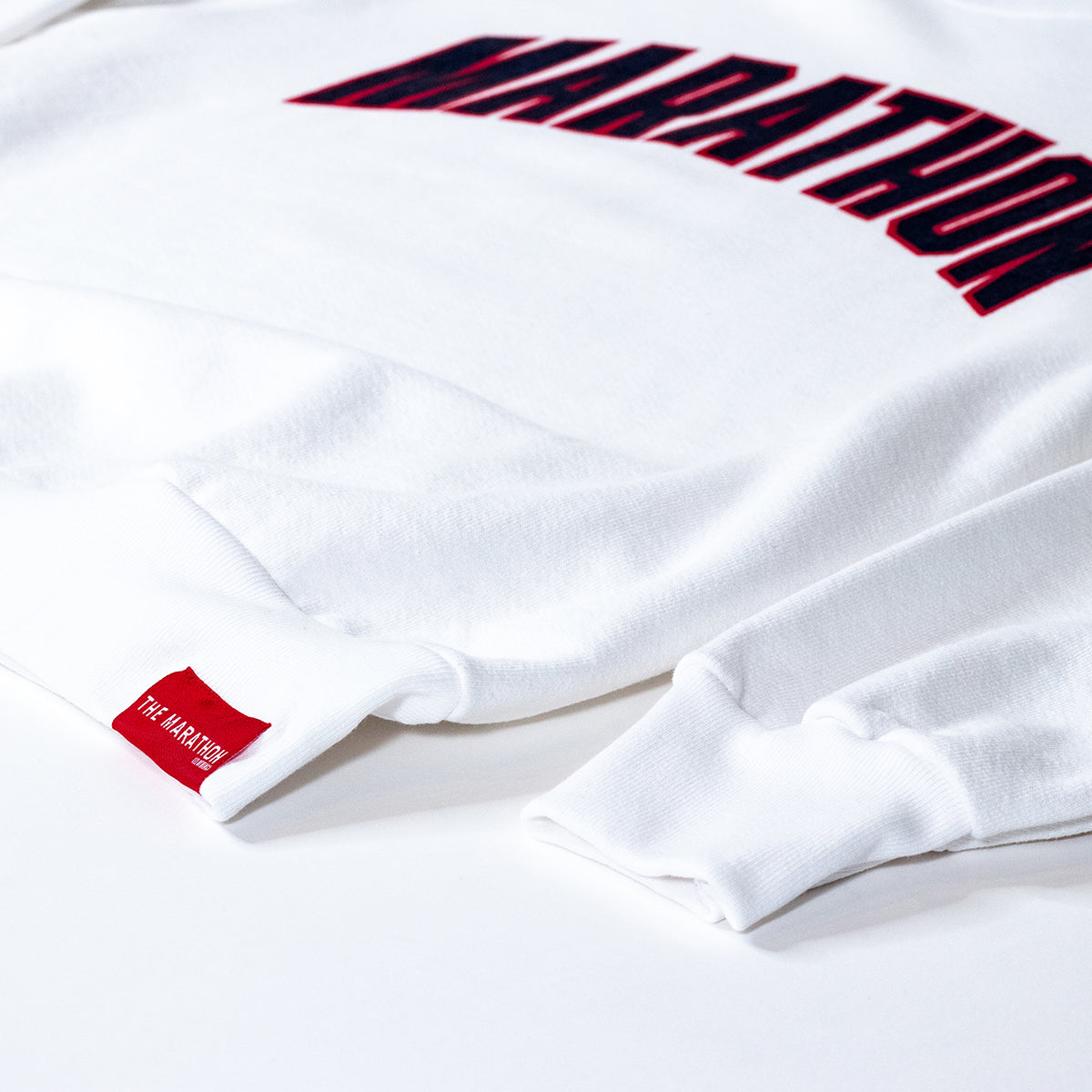 Marathon Varsity Crewneck Sweatshirt - White/Black - Woven Label