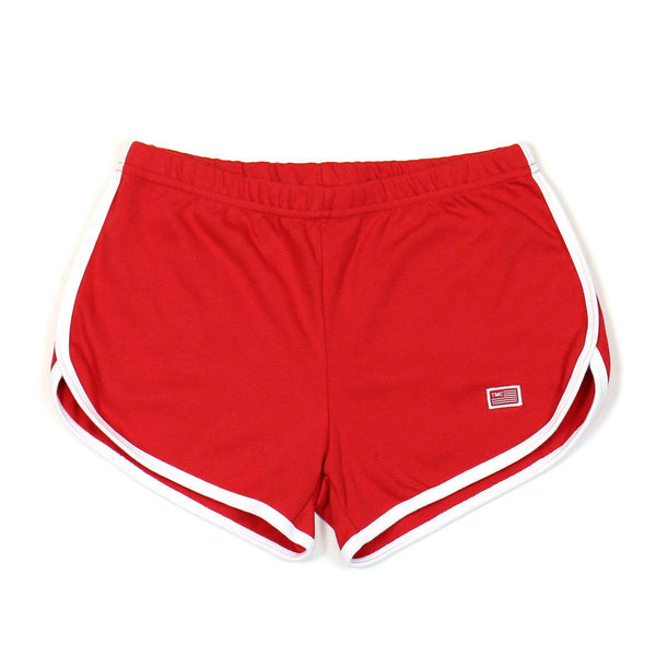 Red running shorts with white top trim
